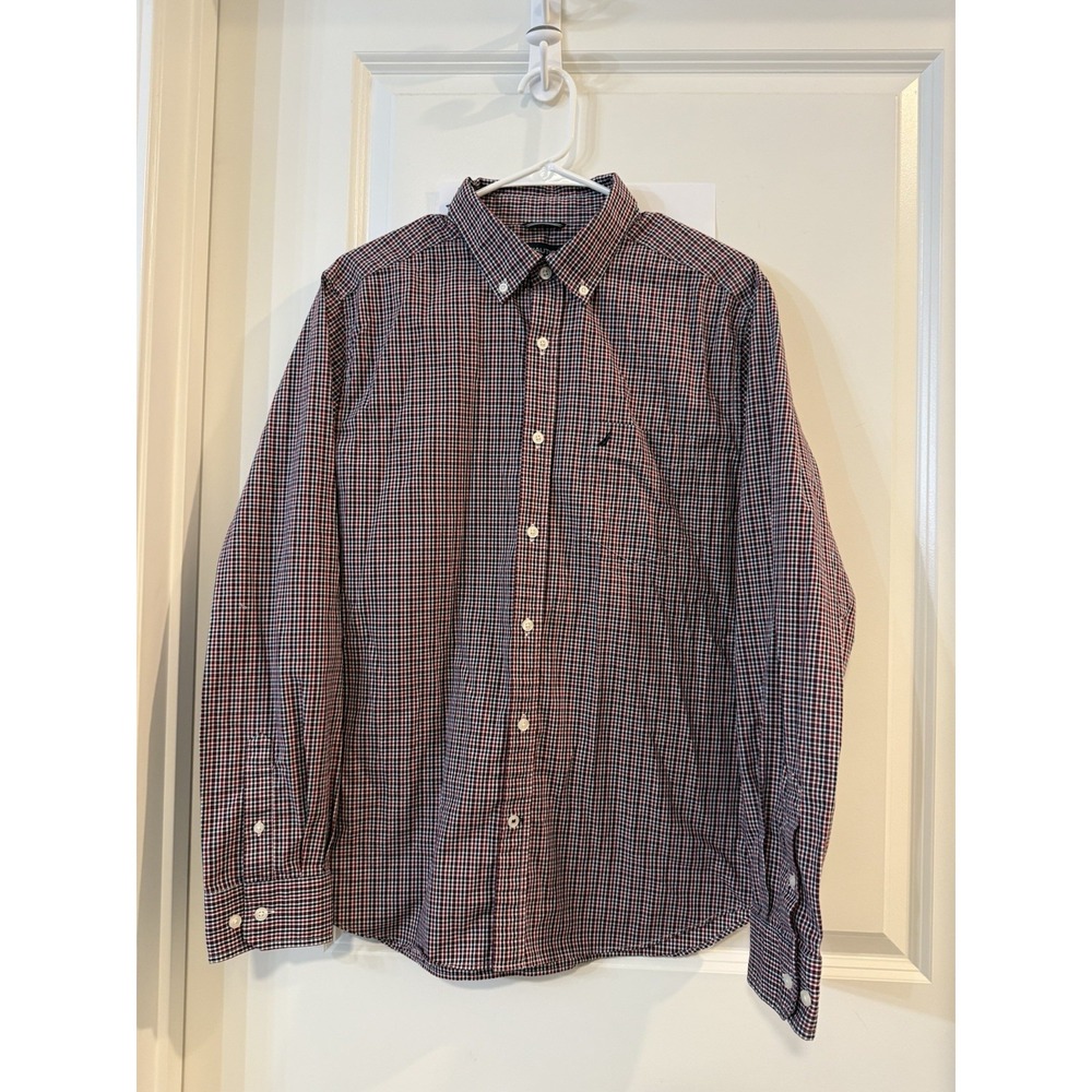 Nautica Men's Long Sleeve Red White And Blue Checkered Button Up Dress Shirt LG